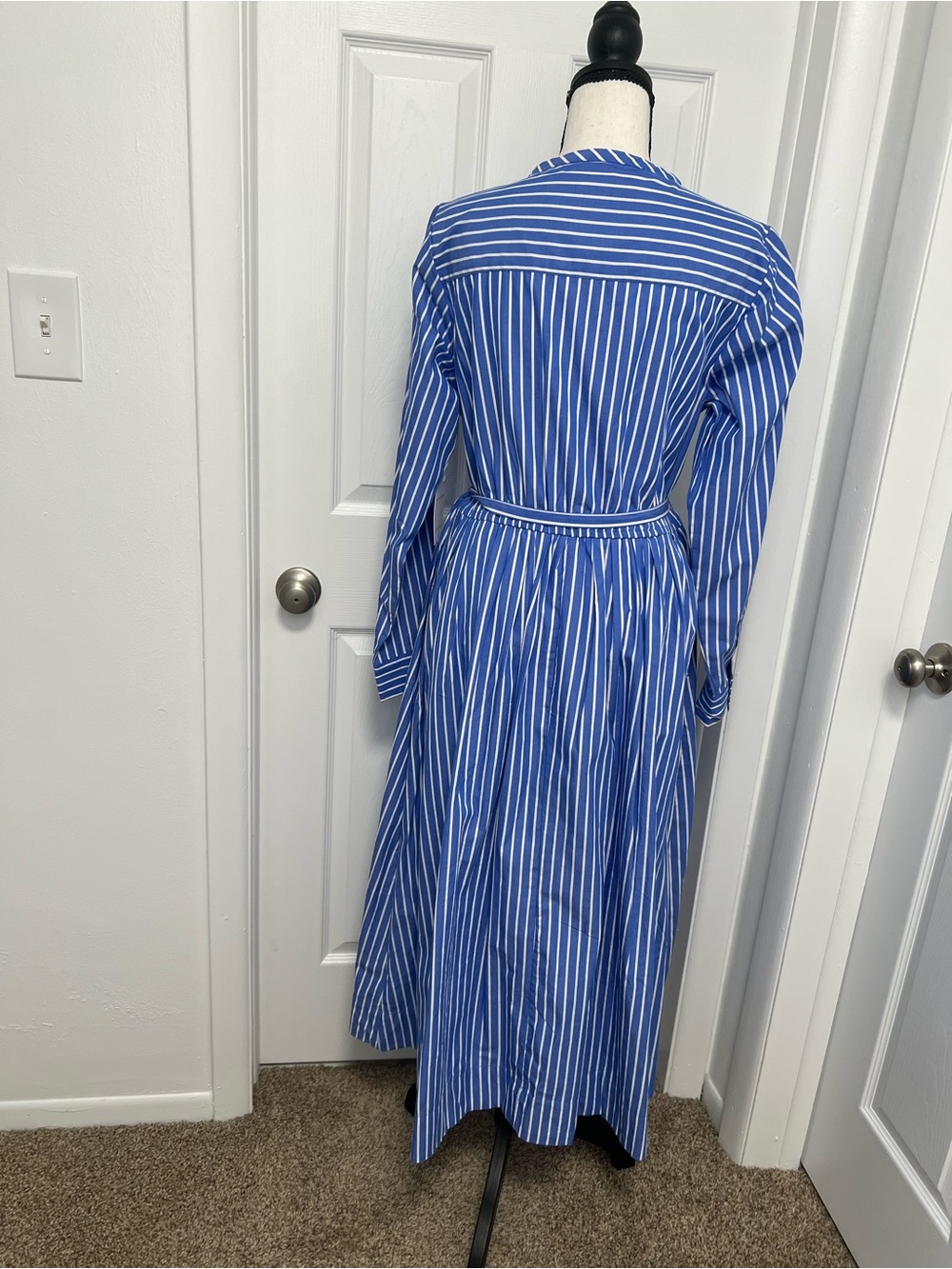 Striped Blue and White Long-Sleeve Maxi Dress with Self Tie - Picture 8 of 11